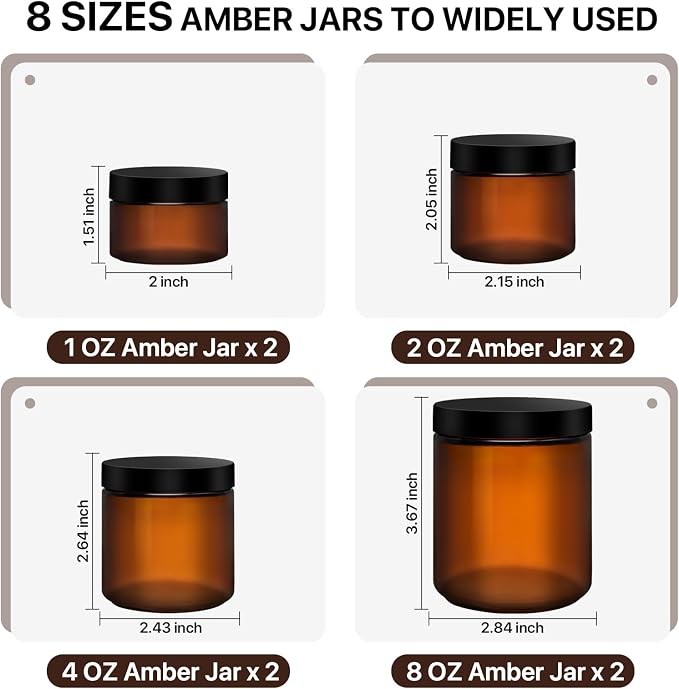 8oz, 4oz, 2oz and 1oz Amber Glass Jars with Lids, 8-Pcs Amber Jars with Inner Liners, Round Dark Jars for Making Candle, Cosmetice Container, Lotion Jar, with Sticker and 8p Spatulas