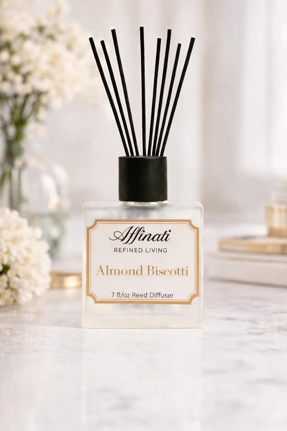 Affinati Almond Biscotti Reed Diffuser – 7.0 fl oz Home Fragrance Diffuser with 8 Reeds – Long Lasting Flame Free Room Fragrance for Bedroom, Bathroom, Office & Living Room