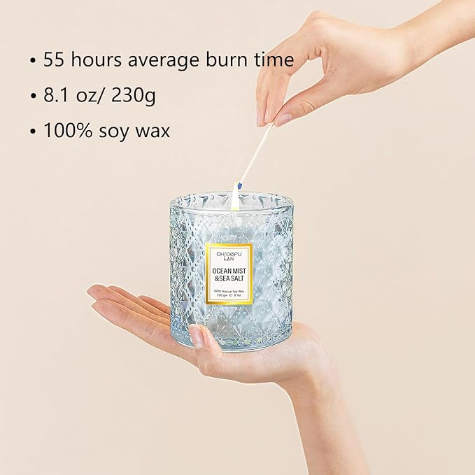 Ocean Candles Sea and Salt Candle with up to 55 Hour Long Lasting, Highly Scented, Luxury Air Freshening Jar Candles - Perfect Home Decor, Natural Soy Wax, Beach Candle, 8.1oz