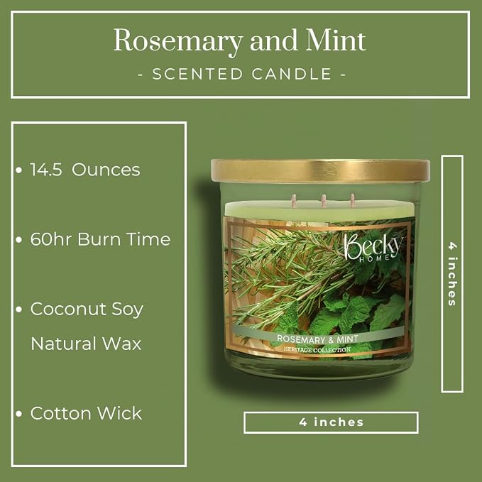 3 Wick Candle, 14.5oz Rosemary Mint Candle, 3 Wick Candles, Big Candle, Three Wick Candles, Candles 3 Wick