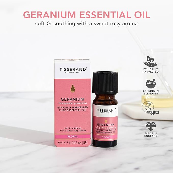 Tisserand Ethically Harvested Pure Essential Oil - 100 Percent Pelargonium Graveolens - Mood Balancer, Ideal for Dry and Oily Skin - Geranium - 0.3 oz