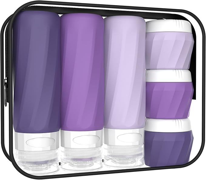 6Pcs Travel Bottles for Toiletries, TSA Approved Travel Size Toiletries Containers Set, BPA-FREE Silicone Leak Proof Refillable Bottles and Jars, Women & Men Airplane Cruise Essentials Kit (PURPLE)