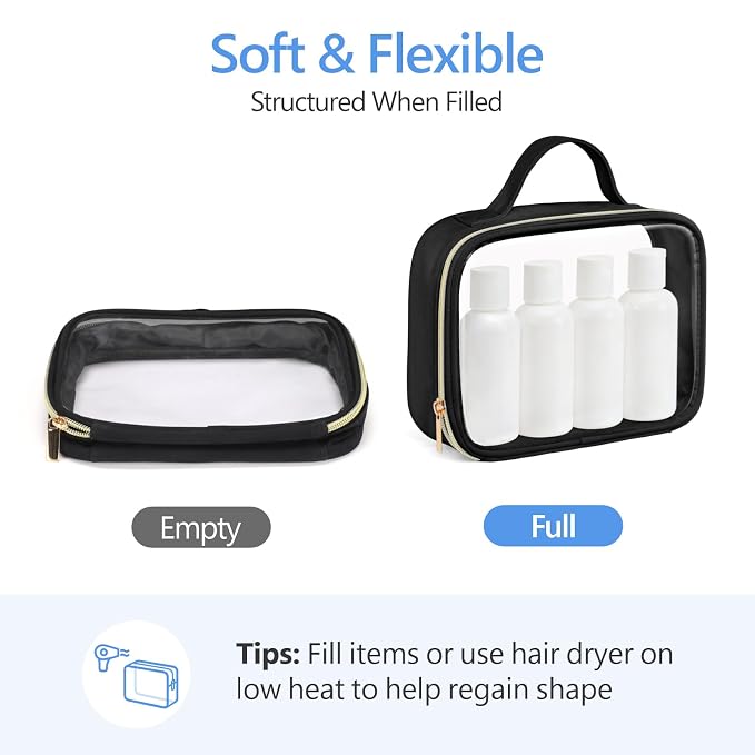 PACKISM Clear Makeup Bag Combo Pack, 1 TSA Approved Medium & Large for Checked Luggage, Clear Toiletry Bag with Handle, Water-resistant Travel Essentials Organizer, Black