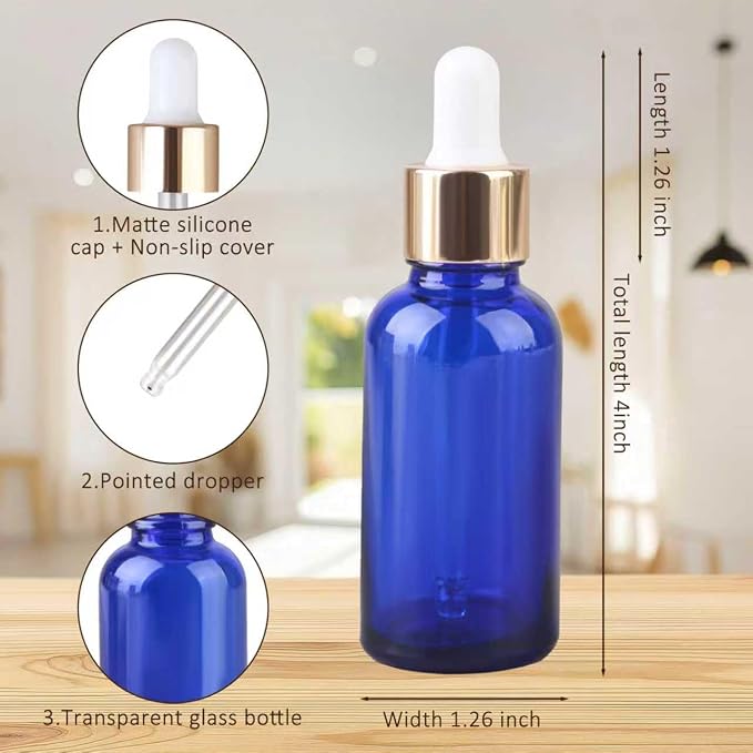 1 oz Dropper Bottles for Essential Oils，12Pack Blue Glass Bottles with Glass Eye Dropper Leak Proof Travel Dispenser Bottle for Essential Oils,tincture, Aromatherapy, Chemistry Lab Chemicals