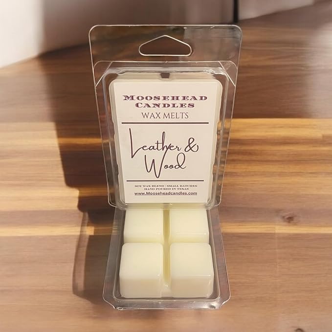 4 Pack Leather & Wood Wax Melts – Mahogany Teakwood & Aged Cowboy Leather for a Luxurious Mountain Cabin Vibe Finally Back in Stock