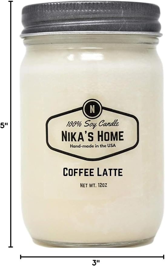 Nika's Home Coffee Latte Soy Candle - 12oz Mason Jar - Non-Toxic - Hand Poured in The USA, Long Burning 50-60 Hours Highly Scented All Natural, Clean Burning