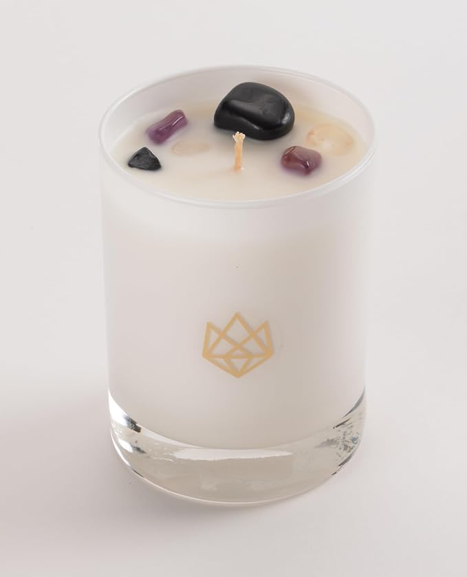 Luxury Glass Jar Seasonal Candle, 14 OZ, Ember - Amethyst & Clear Quartz Crystal Infused - Holiday Scents of Clove Bud, Vanilla, and Smoked Vetiver - Coconut Wax, Essential Oils