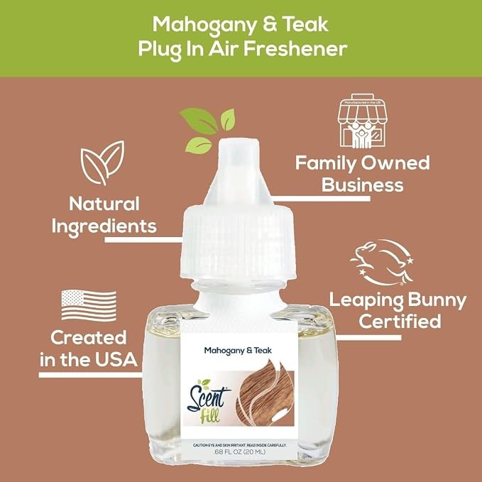 Scent Fill Mahogany Teak Plug in Air Freshener, Scented Oil Refills, 2 Refills + Diffuser