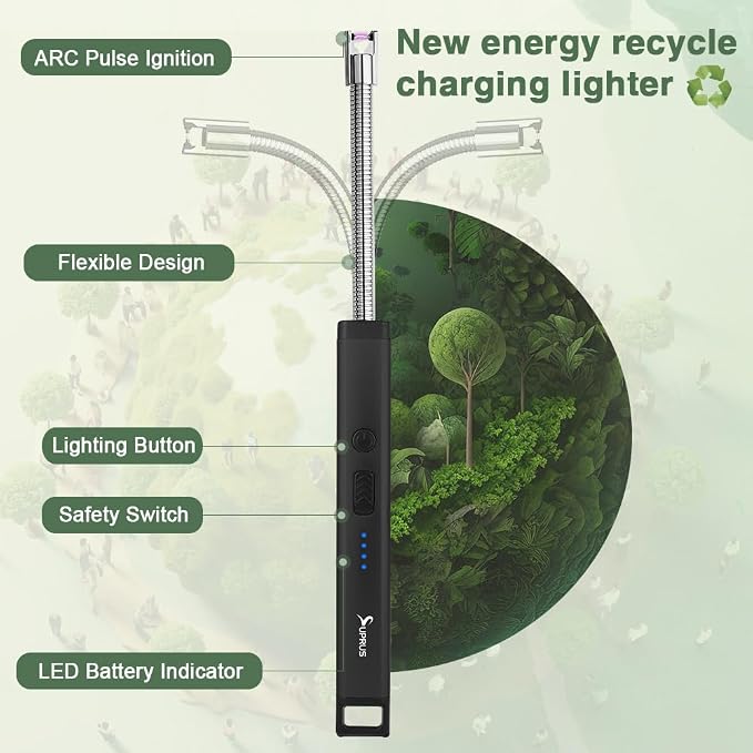 SUPRUS Rechargeable Candle Lighter Electric Arc Triple Safety Long Lighter Stainless Steel Shell & Hanging Hook (Black)