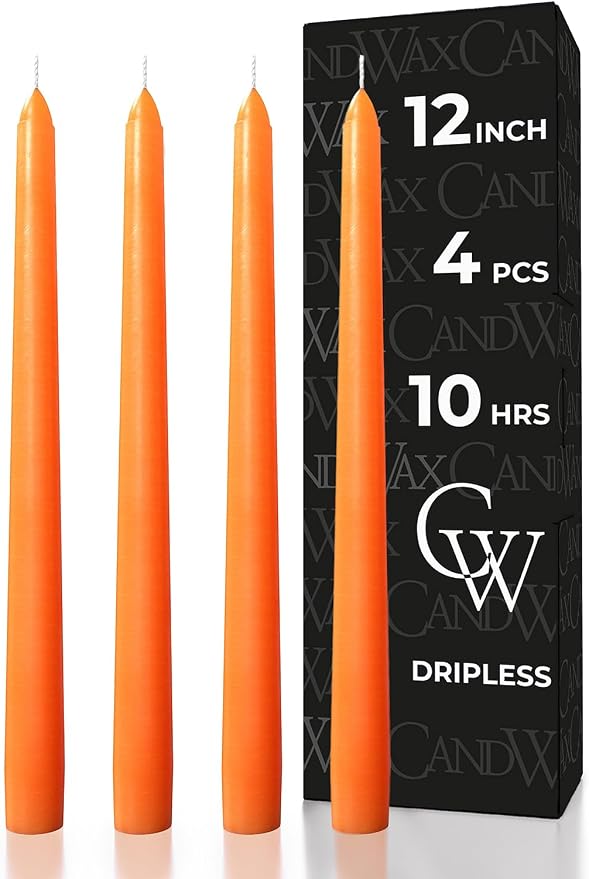 CANDWAX 12 inch Orange Taper Candles Set of 4 — Unscented Dripless Smokeless Slow Burning Orange Tapered Candlesticks — Ideal as Thanksgiving Dinner Table Centerpiece or for Halloween Décor