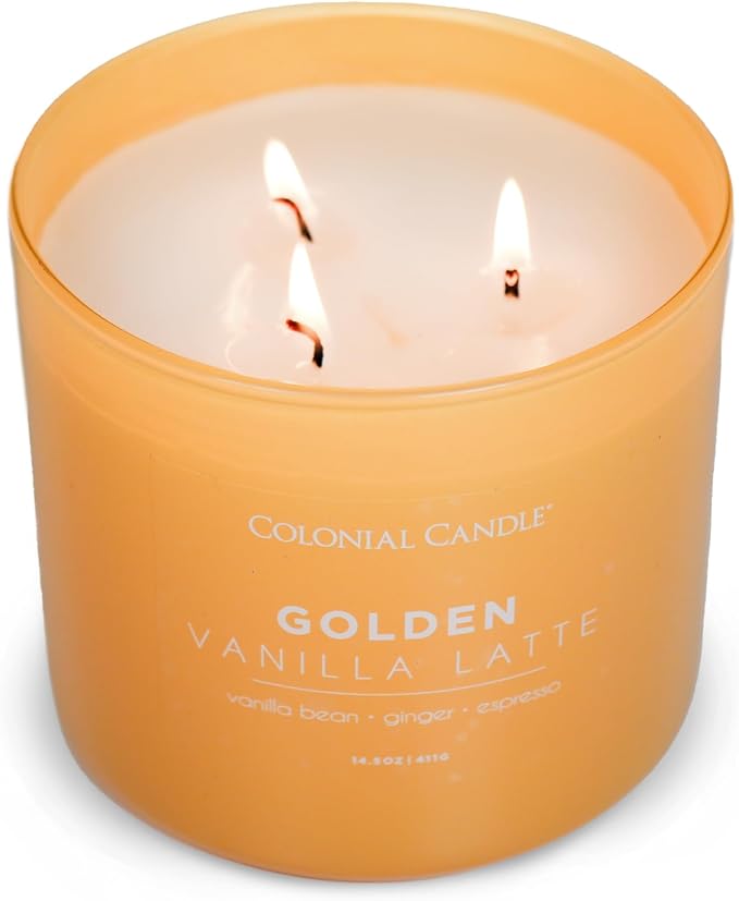 Colonial Candle Golden Vanilla Latte Scented Jar Candle, Pop of Color Collection, 3 Wick, 14.5 oz - Up to 60 Hours Burn