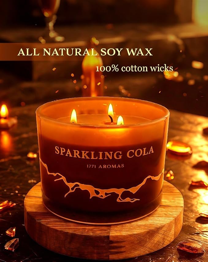 Sparkling Cola Scented Candles - 100% Natural Soy Wax - Large 3 Wick Jar Candle - Up to 50 Hours Burning Time - Candles for Home - Gift-Ready Candle for Men & Women - Aromatherapy