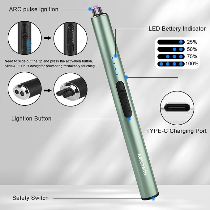 ARECTECH Electric Candle Rechargeable Lighter Arc Plasma Lighter for Candle Kitchen Camping Christmas Type-C Green Windproof