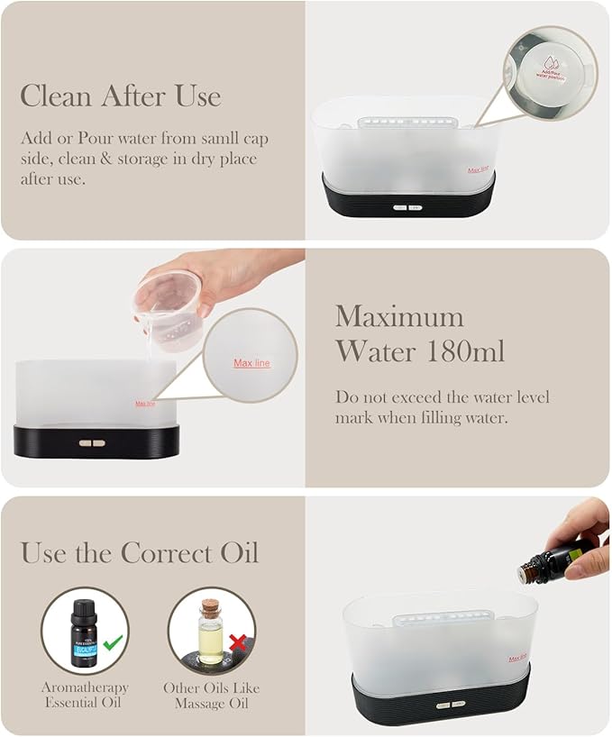 Aegci Essential Oil Diffuser,Humidifier with 7 Colors Flame Light,180ml Air Humidifiers for Bedroom, Home, Office, Gifts - Portable,Auto-Off Protection,4 Modes Mist(White)