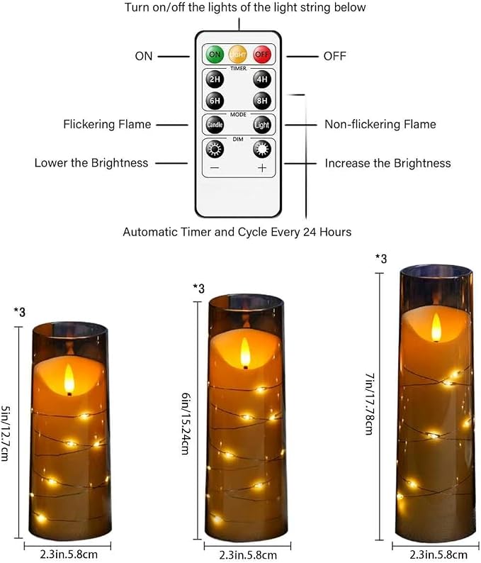 Eebuss Flameless Candles with Embedded Star String, Battery Operated LED Pillar Candles with Timer and Remote Control,Home Decorating for Ambiance， Set of 9(Grey)