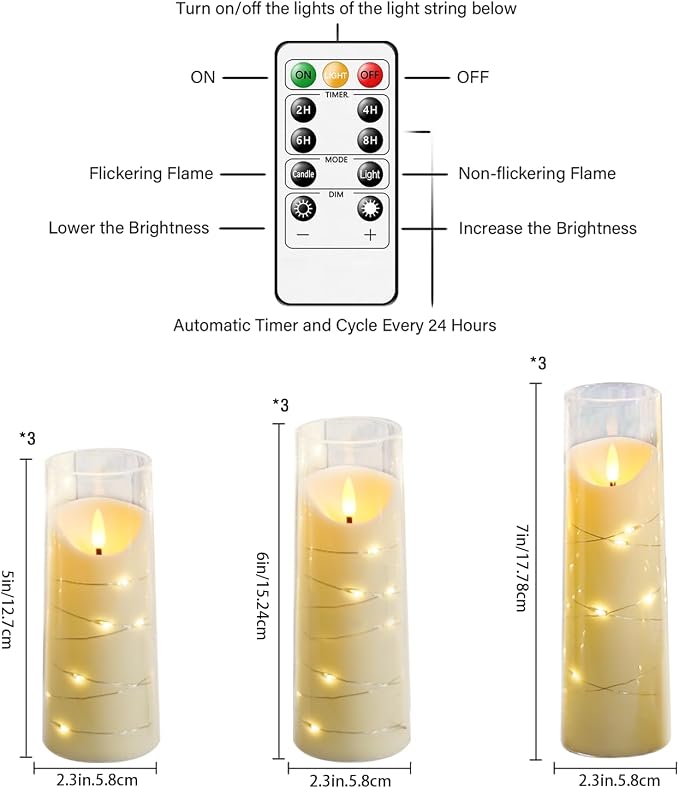 Eebuss Flameless Candles with Embedded Star String, Battery Operated LED Pillar Candles with Timer and Remote Control,Home Decorating for Ambiance， Set of 9 (Ivory)