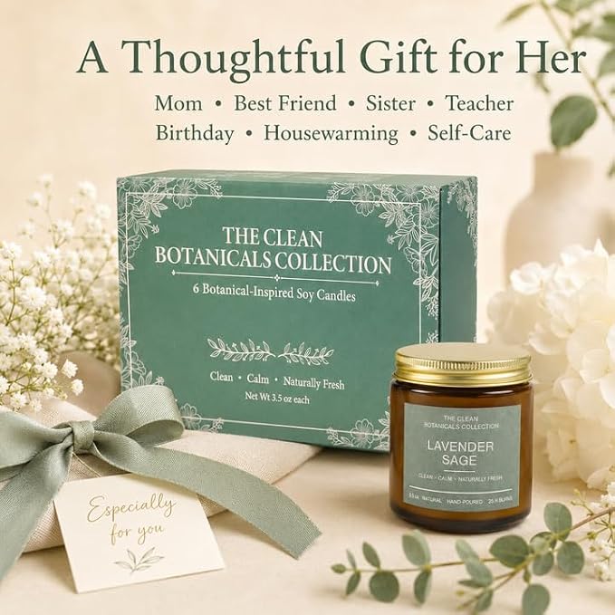 Scented Candles Gift Set for Women, Clean Botanicals Collection, 6 Pack 3.5 oz Natural Soy Wax Candles in Amber Glass Jars, Aromatherapy Gifts for Mom Birthday Housewarming, Lavender Sage