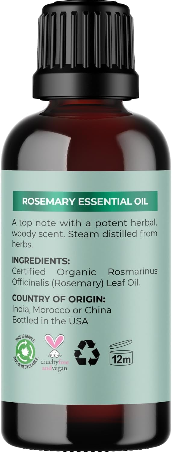 Certified Organic Rosemary Oil for Hair - Pure USDA Organic Rosemary Essential Oil for Hair Skin and Nails Plus Aromatherapy - Oil for Dry Scalp Treatment and Enhanced Volume and Shine