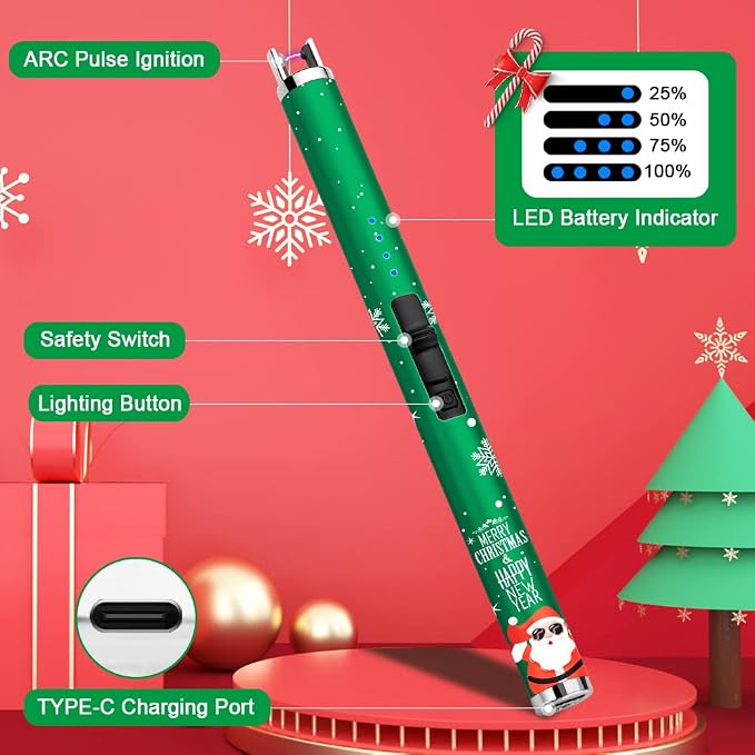 SUPRUS Electric Candle Lighter USB Lighter with Upgraded LED Battery Display Safety Switch Rechargeable Flameless Plasma Windproof Pocket Size (Christmas Green&Christmas Green&Christmas Green)