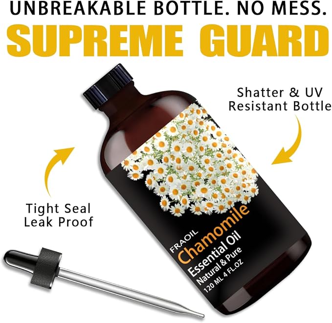 Chamomile Essential Oil, Chamomile Oil 4 Fl Oz 120ML for Diffuser Humidifier Yoga Cleaning DIY Candle Soap Making Perfume Gift for Women Essential Oils FRAOIL (Chamomile 4 Fl Oz (Pack of 1))