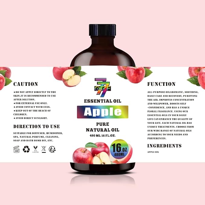Apple Essential Oil, Apple Oils, for Diffuser, Humidifier, DIY Candles, Soap, Kitchen, Home, Gift, Essential Oil, GV77ZF Apple Fragrance Oil - 16 fl oz (480 ml)