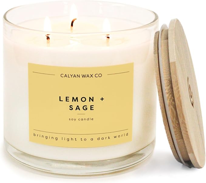 Calyan Wax Co. Lemon & Sage 3 Wick Scented Candle - 43 Hour Burn - Luxury 3 Wick Soy Candles - Soy Wax Candles - Long Lasting Large Glass Jar Candle for Home - 14.9oz