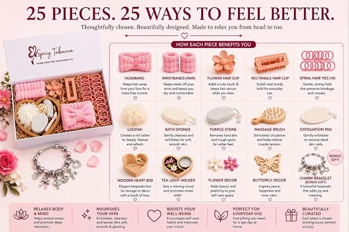 Ultimate 25‑Piece Spa Gift Set for Women – Luxury Self Care Bath Kit with Charm Bracelet, Relaxation Accessories & Premium Magnetic Gift Box – Perfect Birthday, Mother’s Day & Thank‑You Gift