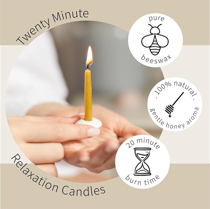 Relaxation Candles by Cotton & Grey – 12 Pure Beeswax Twenty Minute Candles with Ceramic Holder for Meditation, Mindfulness, Relaxation and Well-Being
