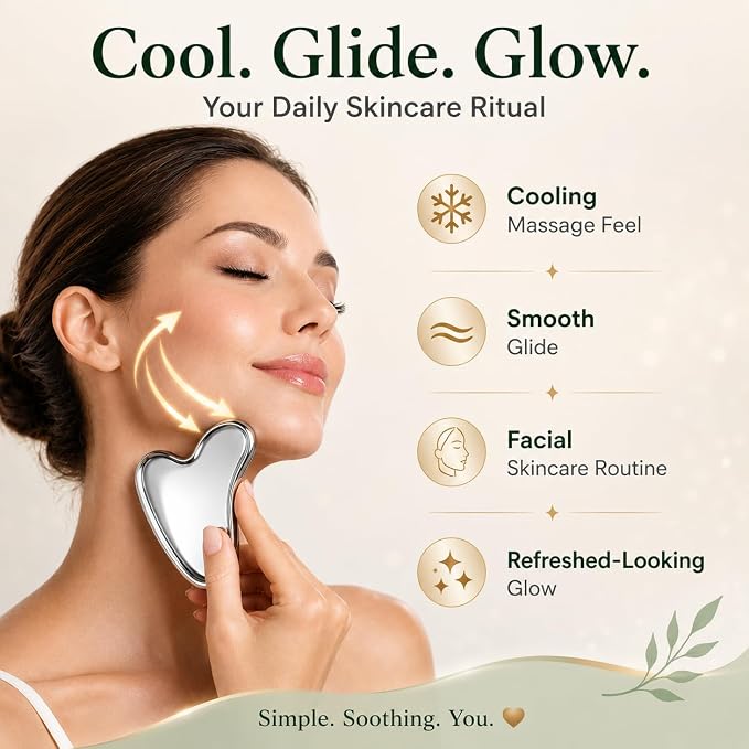Organic Castor Oil Roll On & Stainless Steel Gua Sha Facial Tool – Metal Face Sculpting Tool, Cooling Gua Sha Oil Massage Set, Jawline Lift, Puffiness Care, Facial Oil Roller for Skin Routine
