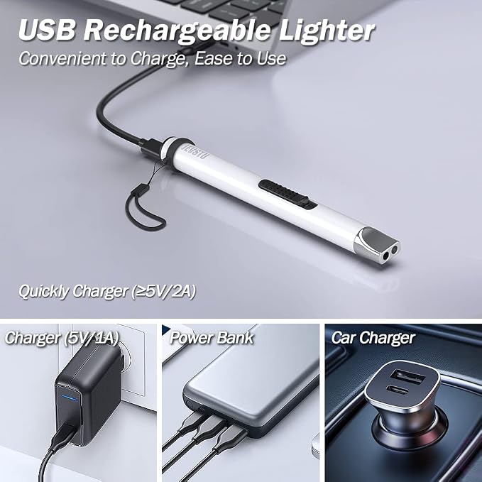 Electric USB Rechargeable Arc Plasma Electronic Windproof Flameless Long Lighter with Safety Switch Hook - White & Silver
