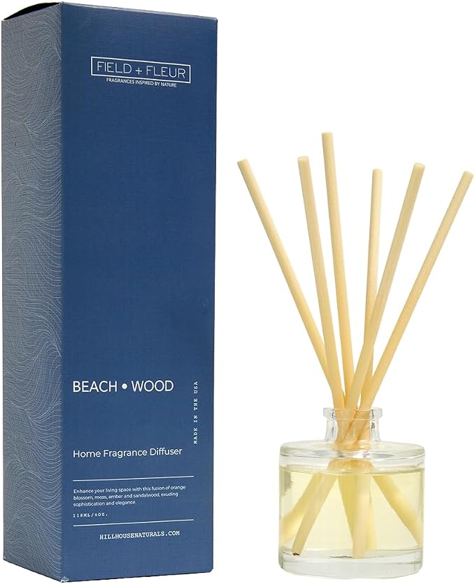 Field + Fleur - Reed Diffuser Set - Home Fragrance Diffuser - Refresh Home, Bedrooms, Bathrooms & More - Notes of Orange Blossom, Moss, Amber & Sandalwood - Made in the USA - Beach Wood Scent - 4 oz