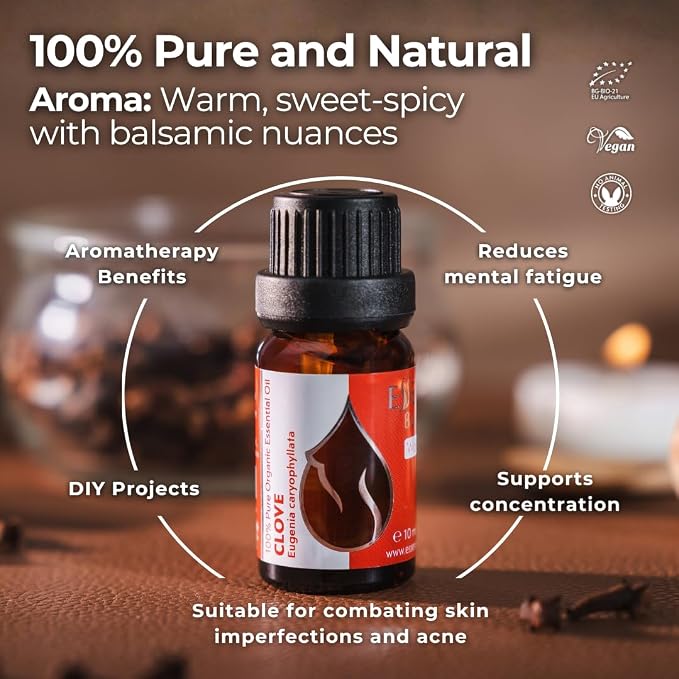 Essences Bulgaria Organic Clove Essential Oil 0.34 Fl Oz | 10ml | Eugenia caryophyllata | 100% Pure and Natural | Undiluted | Therapeutic Grade | Aromatherapy | Cosmetics | Cruelty Free | Non-GMO