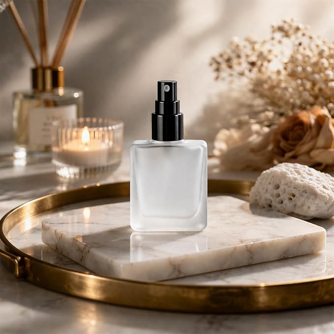 8Packs 15ml/0.5OZ Frosted Glass Perfume Spray Bottles Flat Square Refillable Fine Mist Atomizer with Black Cap Empty Travel Perfume Bottles for Essential Oils, Cologne, DIY Fragrance