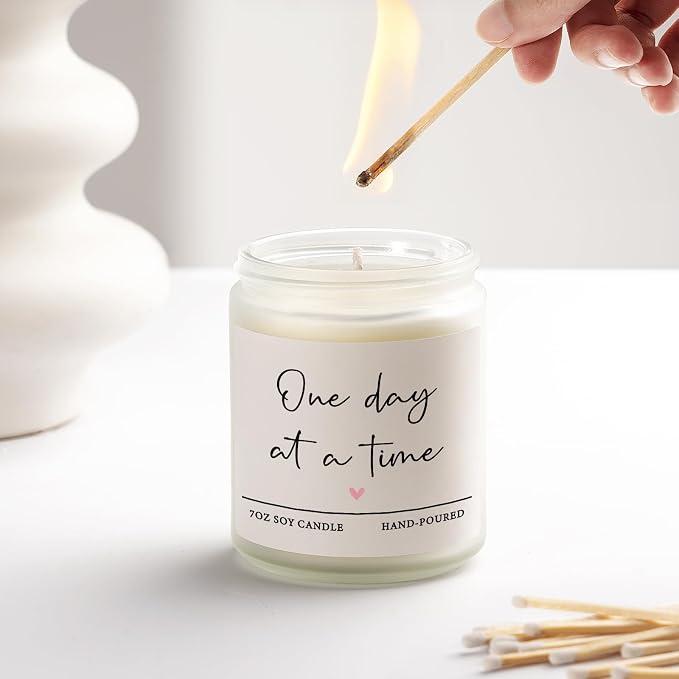 Shqiueos Get Well Gifts for Women Men, Thinking of You Gift-One Day at A Time Lavender Scented Candle 7oz, Inspirational Breast Cancer Care Present, Encouragement Sympathy Bereavement Christmas Gift