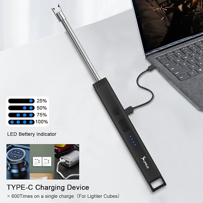 SUPRUS Rechargeable Candle Lighter Electric Arc Triple Safety Long Lighter Stainless Steel Shell & Hanging Hook (Black)