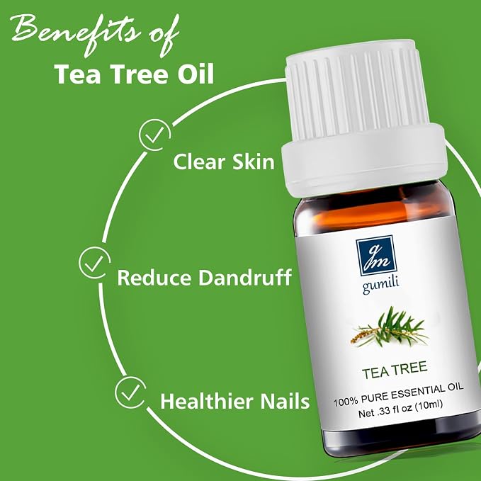 GM Gumili Tea Tree Essential Qil 10ml-100% Pure Tea Tree Oil for Skin, Hair, Face, Nails, Scalp & Foot Soak-Natural Aromatherapy & Toenail Care