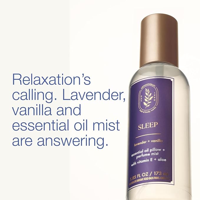 Bath & Body Works Aromatherapy Lavender Vanilla Essential Oil Mist, Body Spray with Vitamin E and Aloe, Pillow Spray for Calming Bedtime Relaxation, 5.3 fl oz - 1 Pack