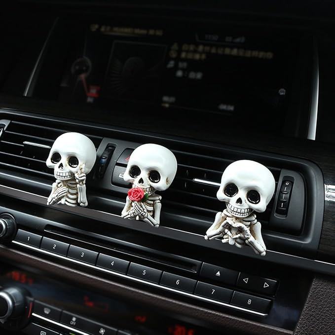 Set of 3 Halloween Skull Decor Cute Car Air Freshener Vent Clips, Resin Skeleton Holding Rose Car Diffuser Romantic Dashboard Decorations Auto Interior Accessories for Men Women