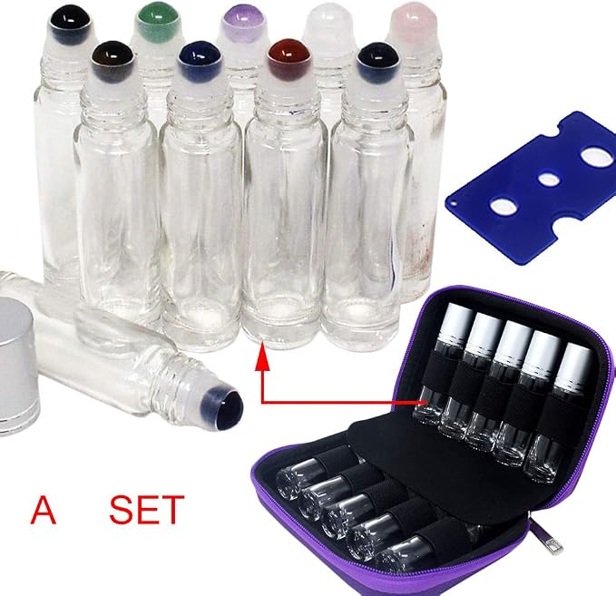 fengshuisale 10pcs Clear 10ml Empty Refillable Glass Bottles with Crystal Semiprecious Stones Essential Oil Gemstone Roller Ball Bottles with Silver Lid with Free Bag W3900 (Multi-1)