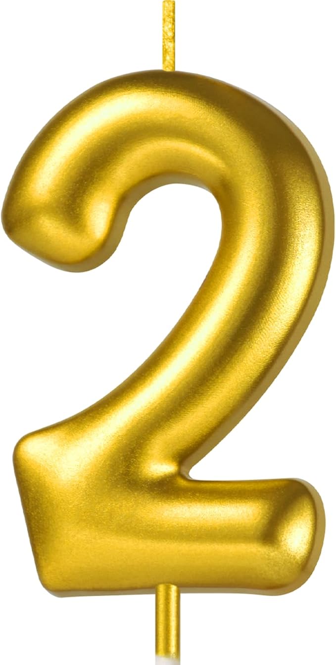 2.76“ Gold 2 Candle 2nd Birthday Party Decorations, Second Birthday Candle Gold Number Candles for Two Year Old Birthday Cake Decoration for Girls Boys, Number 2 Candle 2nd Cake Topper for Cakes