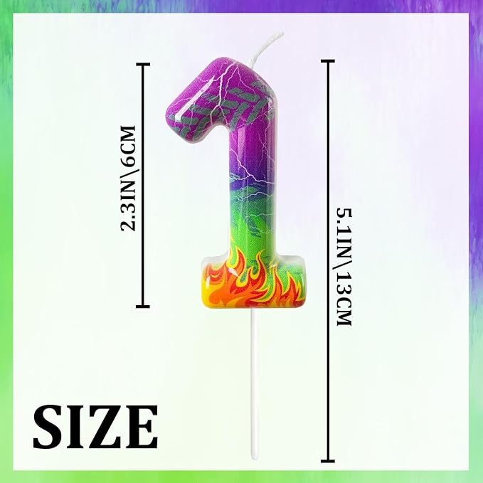 Number 4 Birthday Candle for Cake – Purple Green Flame Design with Lightning & Tire Track Pattern – Off-Road Truck Theme Cake Topper for Birthday Party Decoration