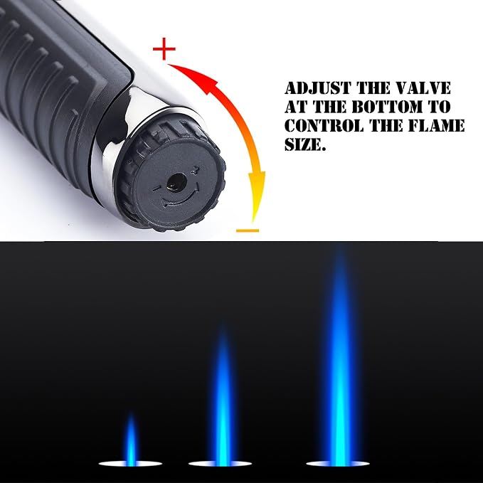 Yeuligo Torch Lighters, 7.6in Long Butane Lighter with Visible Window, Adjustable and Refillable Lighter for Kitchen Fireplace Camping Candle Grill BBQ Fireworks. Black (Gas Not Included)