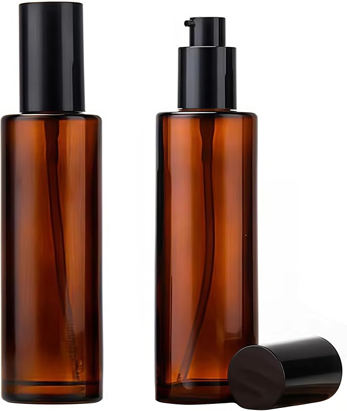 2 Pcs 100ml 3.4oz Amber Glass Travel Bottles for Toiletries with Black Pump Refillable Cosmetic Cream Pump Bottle Travel Lotion Dispenser Soap Dispenser Cosmetics Containers Bottle Vial