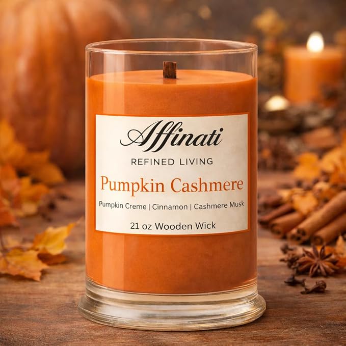 Affinati Pumpkin Cashmere Large Scented Candle, 21 oz Wooden Wick Tumbler – Highly Fragrant Extra Long Burning Cozy Fall Fragrance, Soy Blend