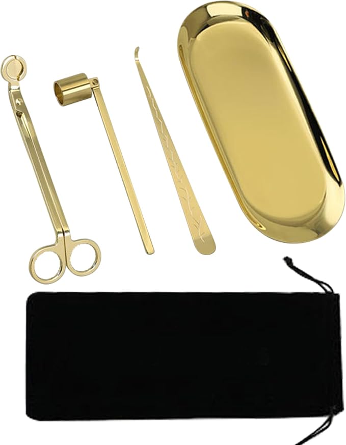 4 in 1 Candle Accessory Set, Candle Snuffer, Candle Wick Cutter, Candle Dipper, Storage Tray Plate, Candle Care Kit with Velvet Pouch for Candle Lover (Gold)