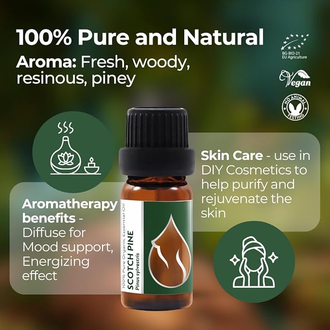 Organic Scotch Pine Essential Oil 1/3 Fl Oz (10ml) Pinus Sylvestris - 100% Pure Natural and Undiluted Therapeutic Grade for Aromatherapy Diffuser Humidifier Skin Care DIY Cosmetics