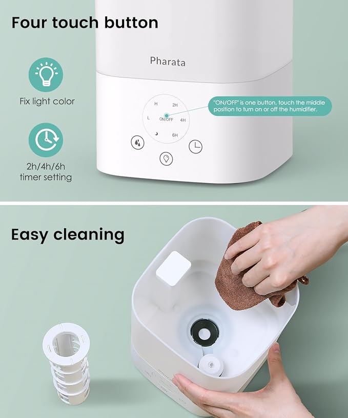 Pharata Humidifiers for Bedroom Home, 3.5L Top Fill Air Cool Mist Humidifiers for Baby Large Room Indoor Plants Nursery, Night Light, White