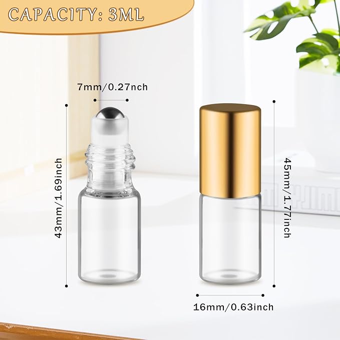 40 Pcs Essential Oils Roller Bottles Small Refillable Glass Perfume Bottles Sample Vials with Roller Balls & Gold Lids for Travel Cosmetic - 3ml