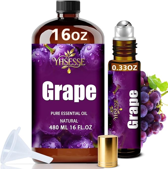 Grape Essential Oil, Grape Oil 16 Fl Oz 480ml for Diffuser Yoga Soap & Candle Making – with 0.33 Oz Roller Ball & Funnel YHSESSE Essential Oils