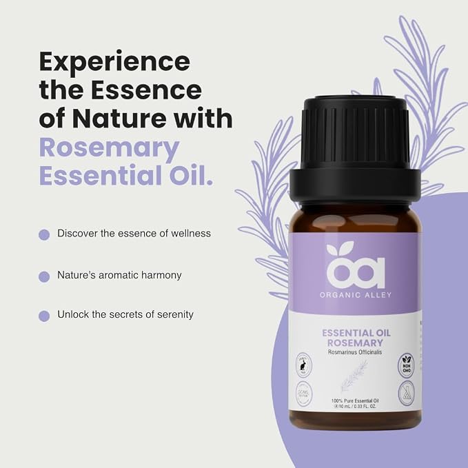 Rosemary Essential Oil by Organic Alley | 100% Pure Rosmarinus Officinalis Oil, Therapeutic Grade | Aromatherapy Essential Oil for Clarity & Focus (0.33 Fl Oz)